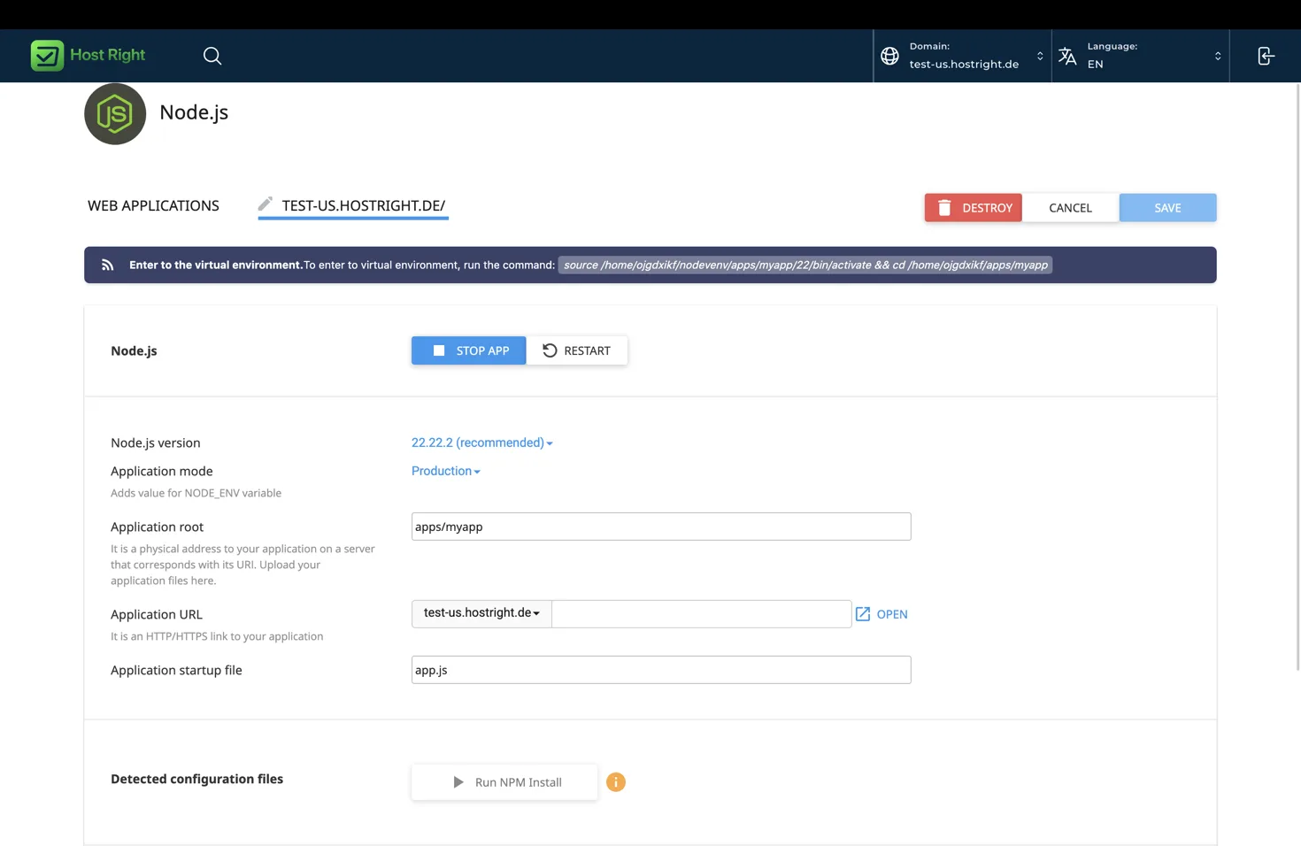 Application details and restart controls