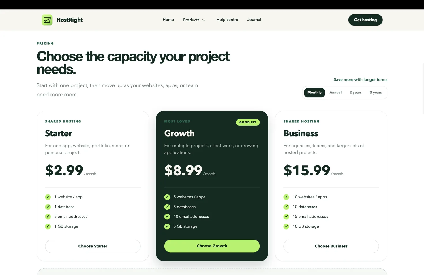 HostRight shared hosting plans