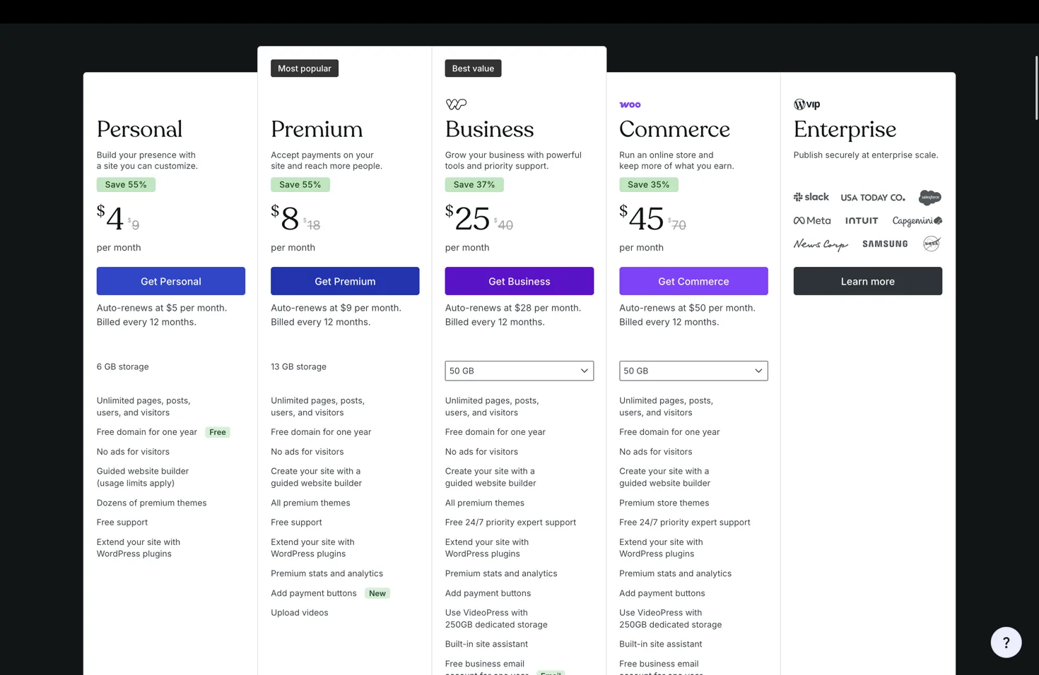 WordPress.com pricing plans