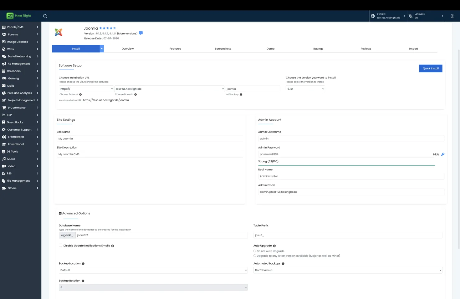 Joomla installation form