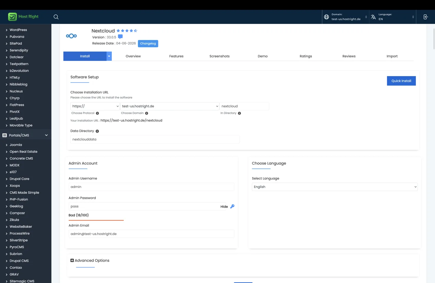 Nextcloud installation form