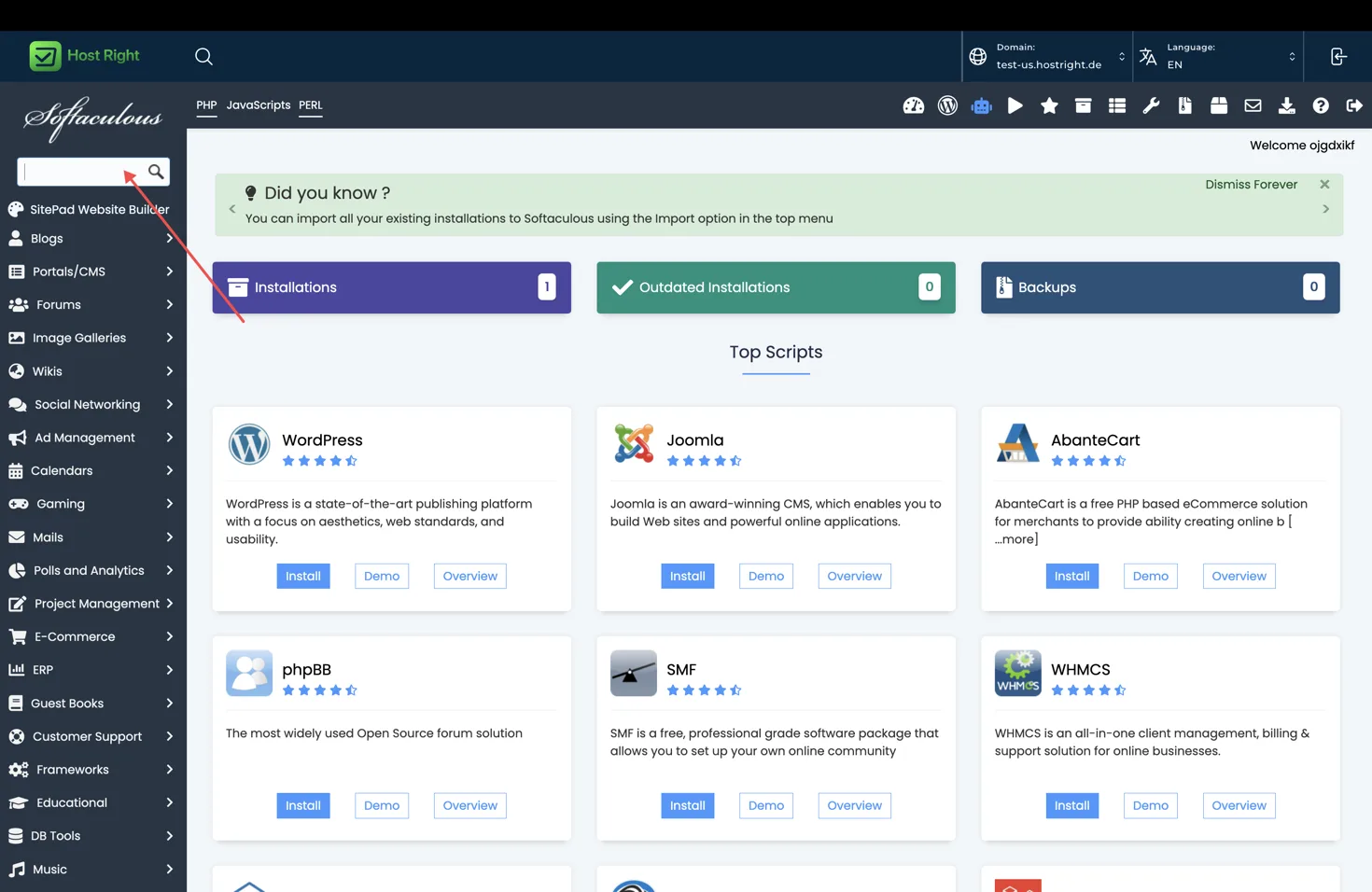 Search for an application in Softaculous