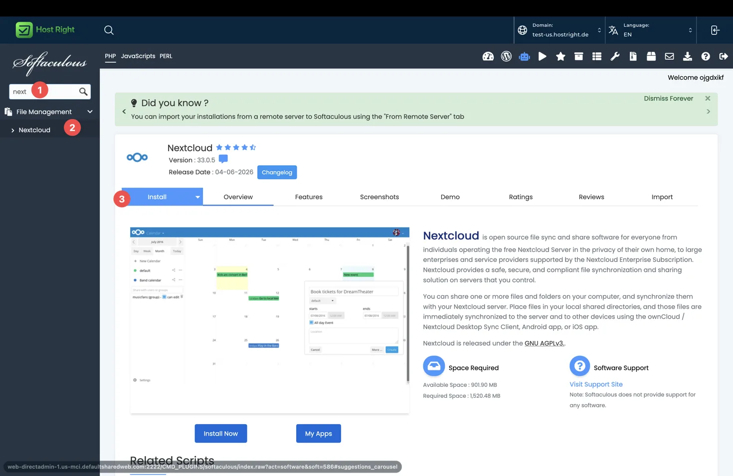 Search for Nextcloud in Softaculous