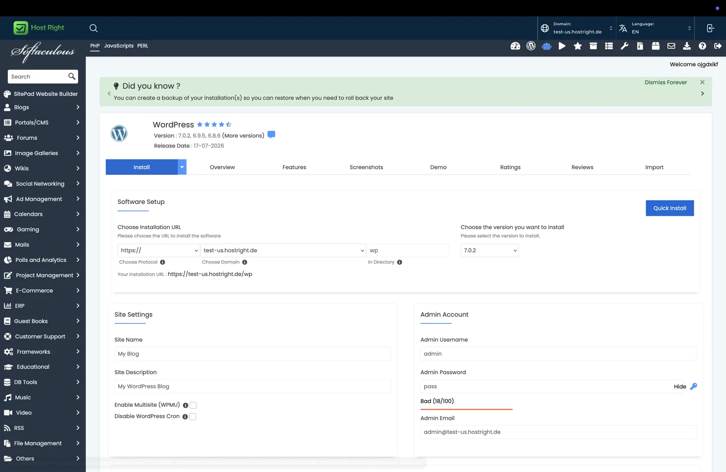 Softaculous WordPress installation form