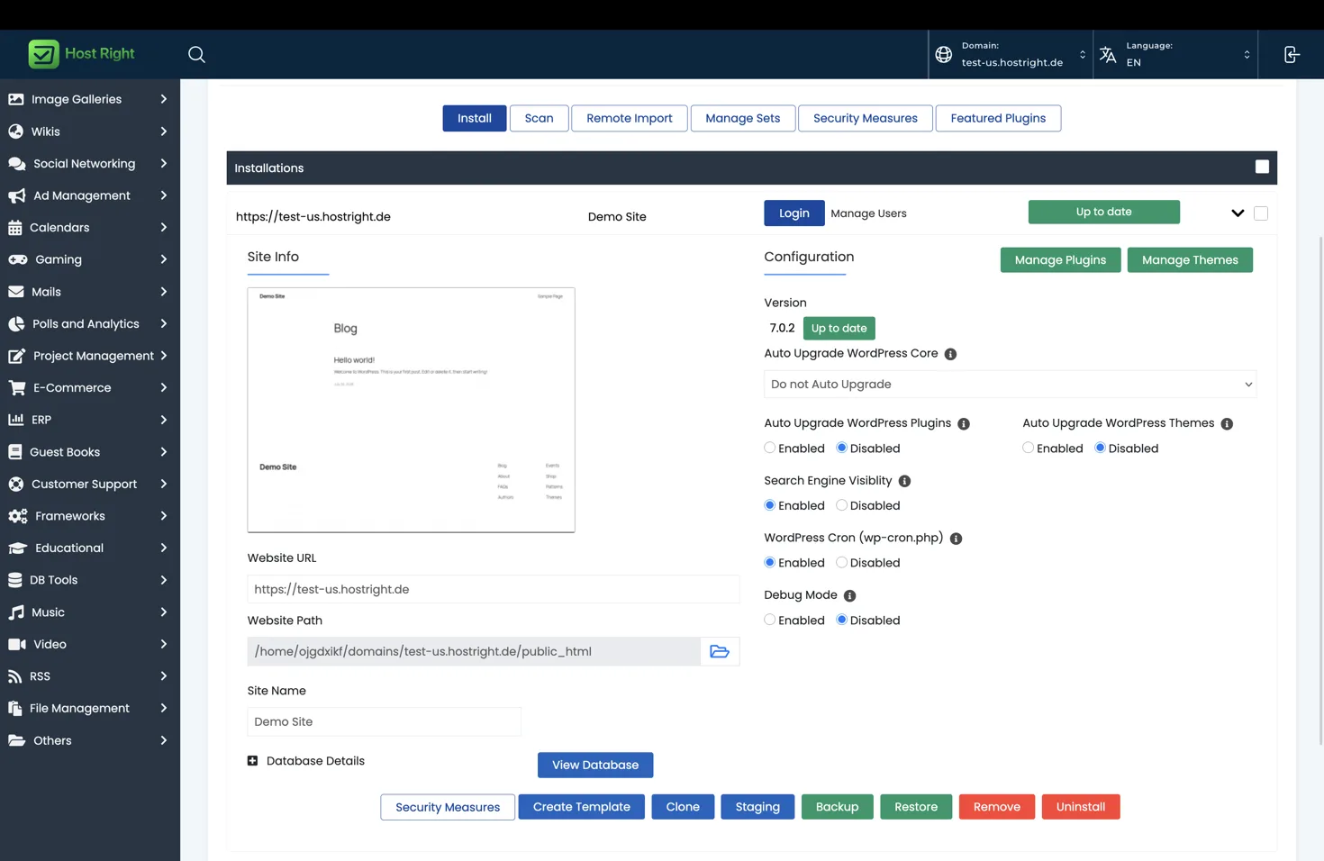 WordPress installation in Softaculous