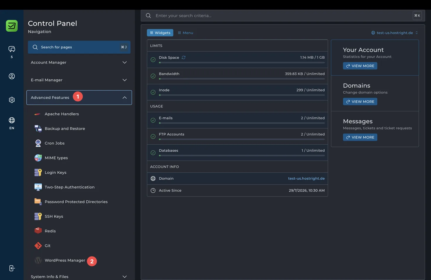Open WordPress Manager from Advanced Features
