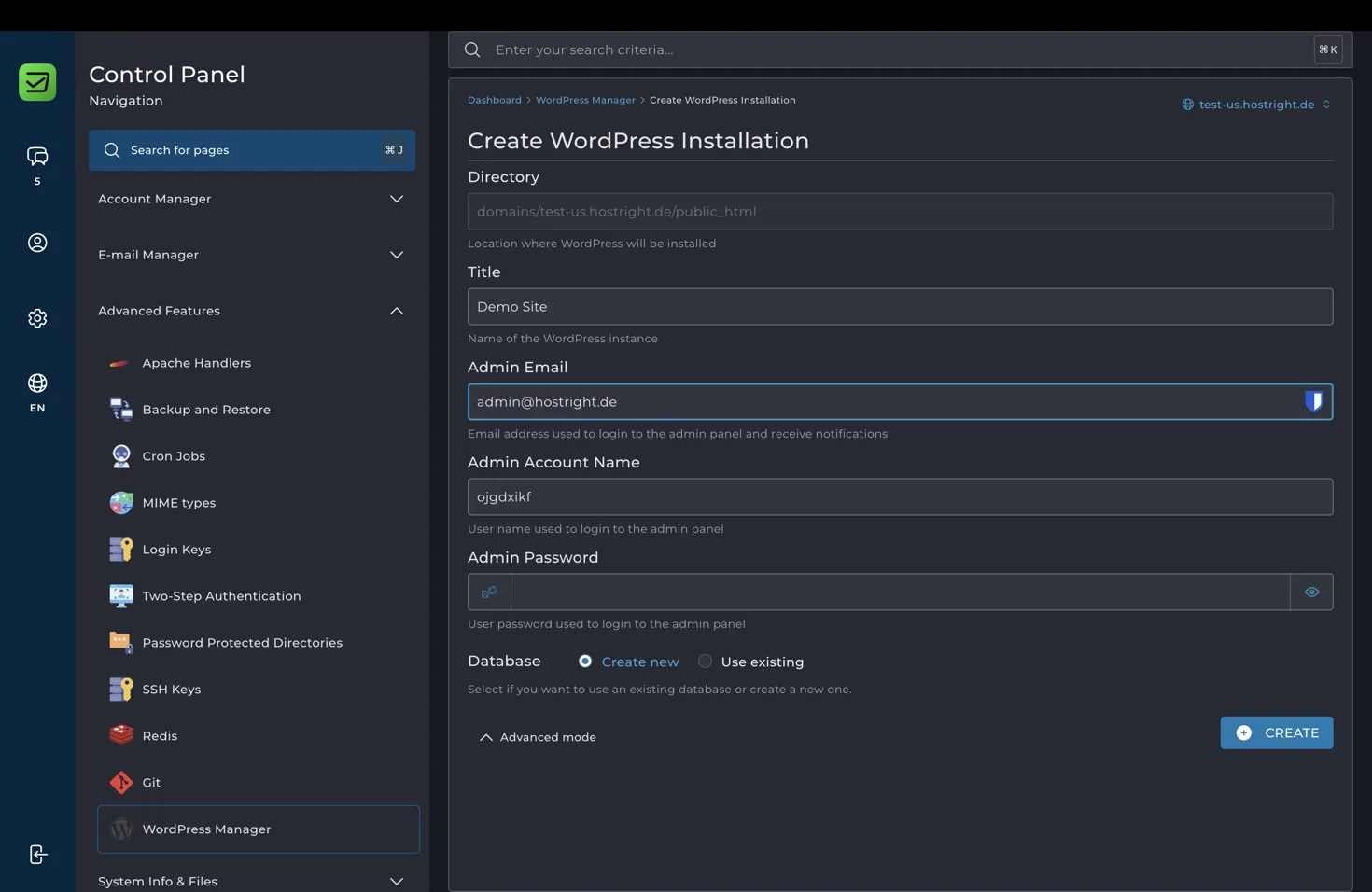 Complete the WordPress installation form