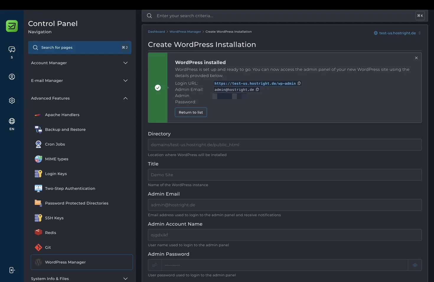 WordPress installation completed