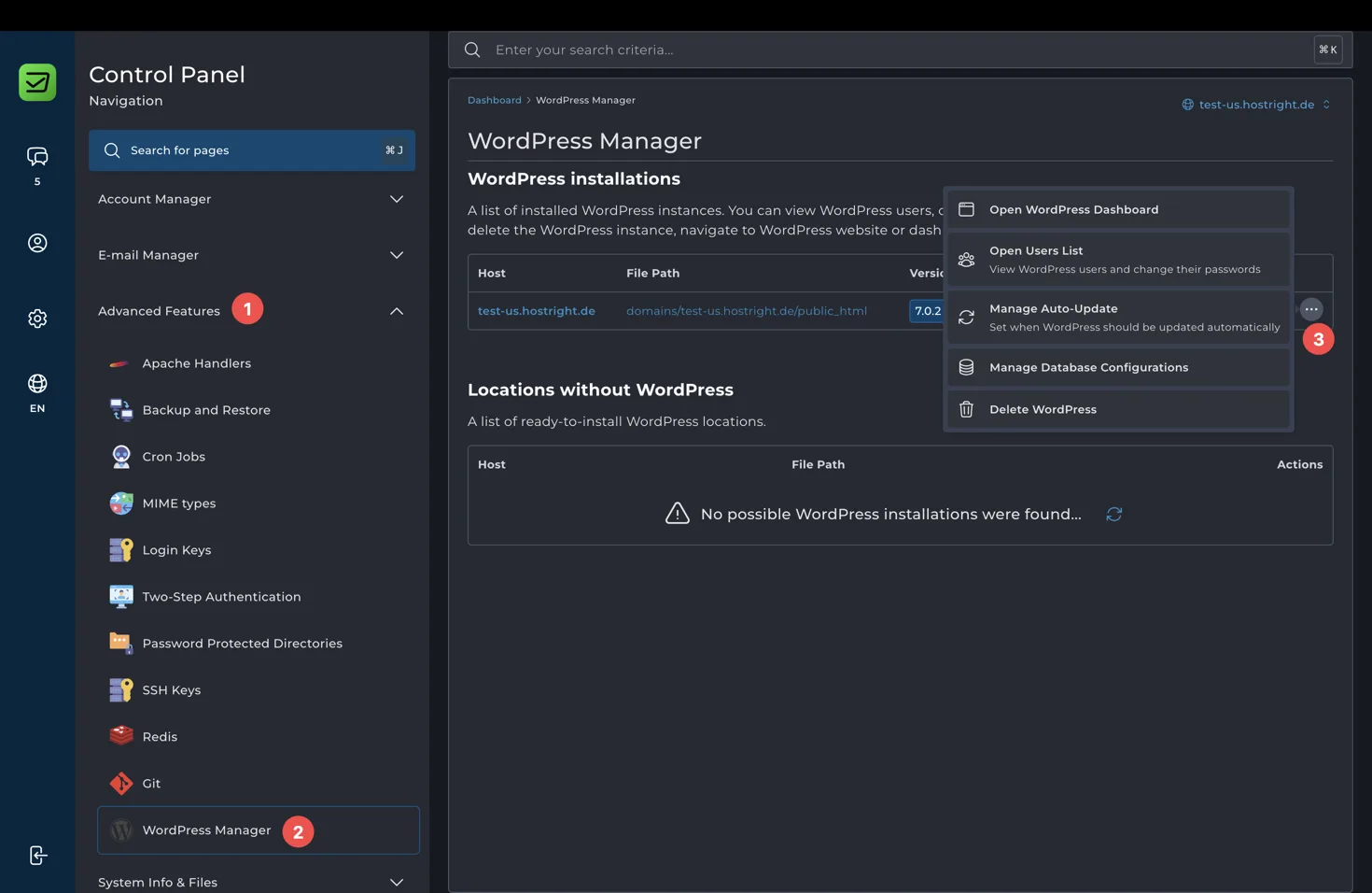 WordPress Manager actions menu