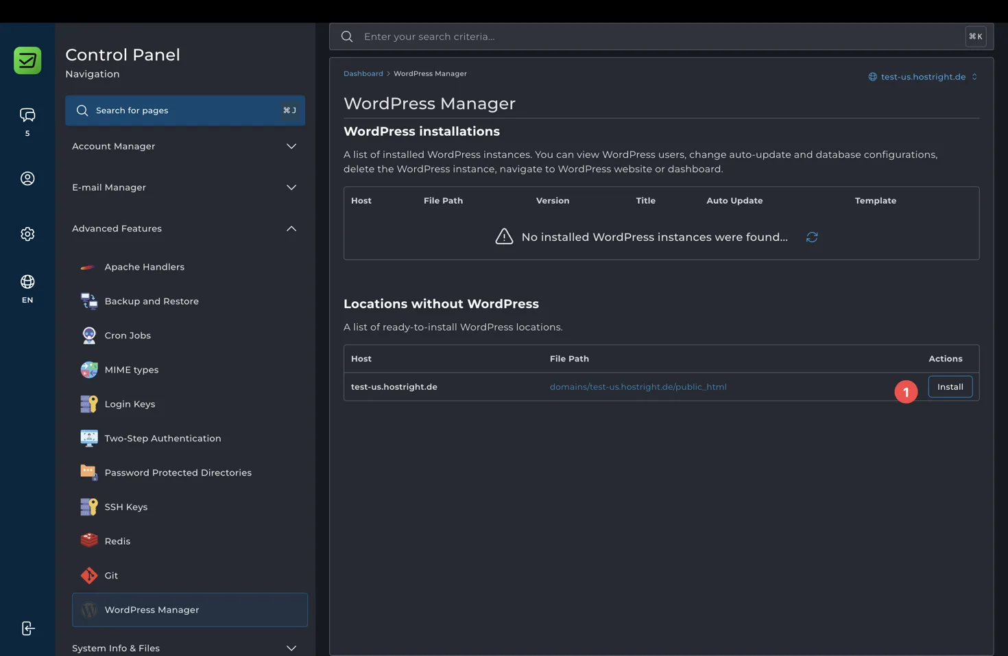 Select a domain and start the WordPress installation