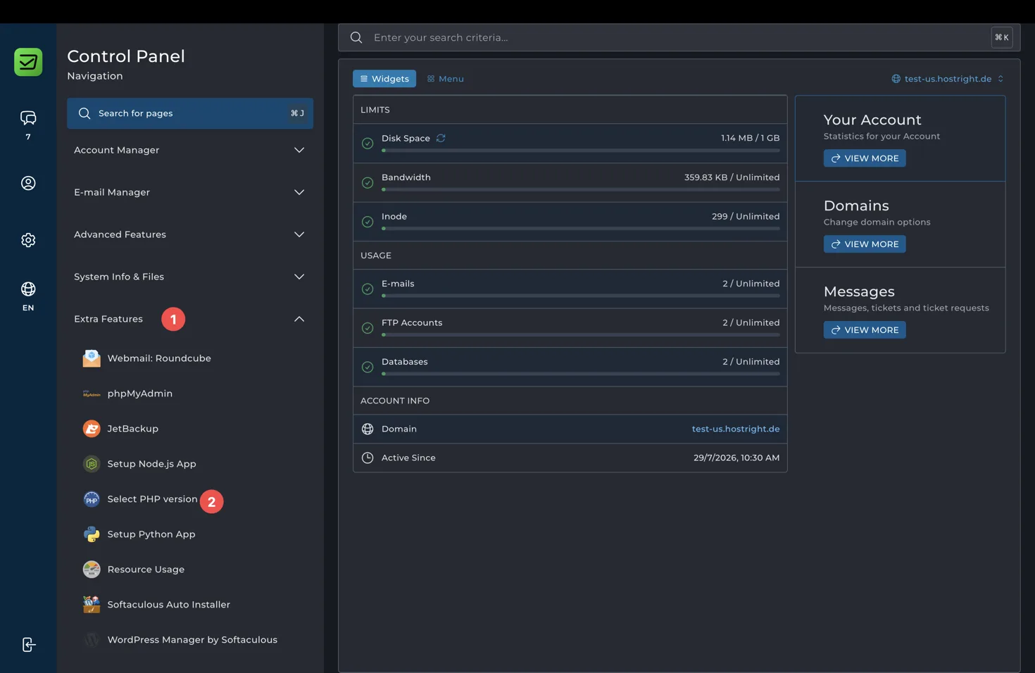HostRight account limits and usage