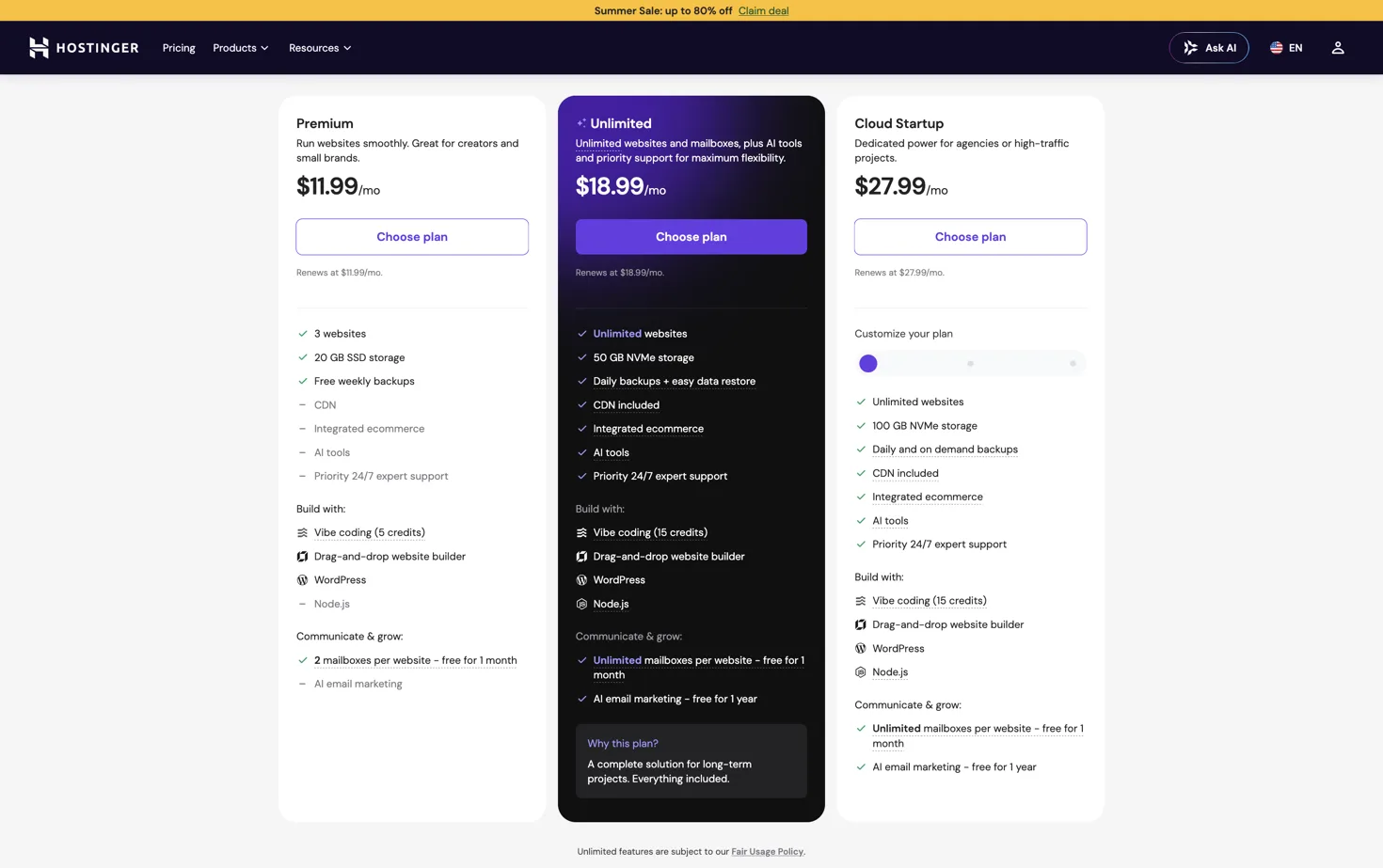 Hostinger pricing plans