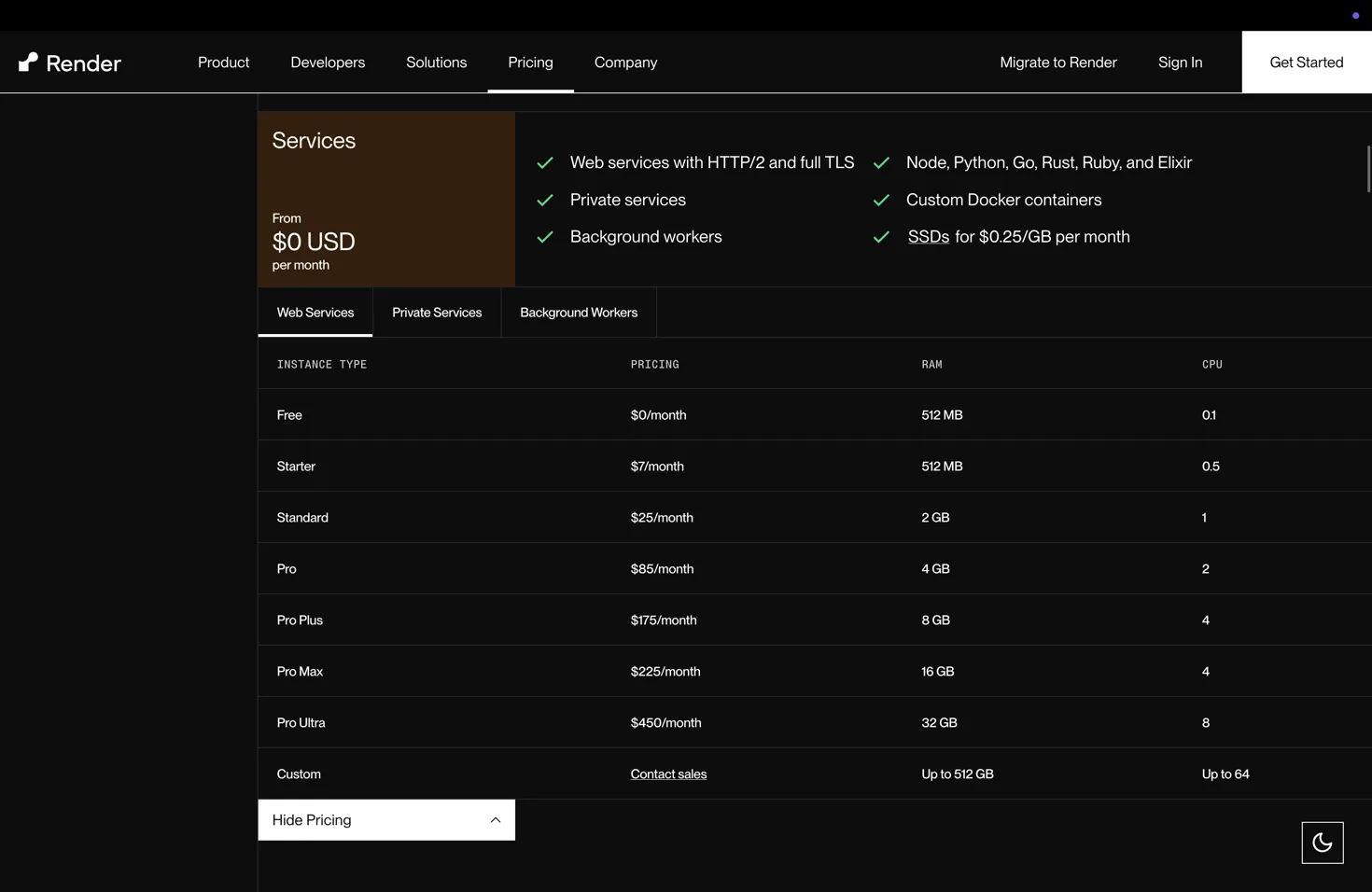 Render service pricing