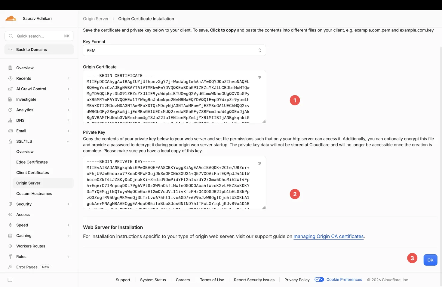 Cloudflare Origin Certificate and Private Key