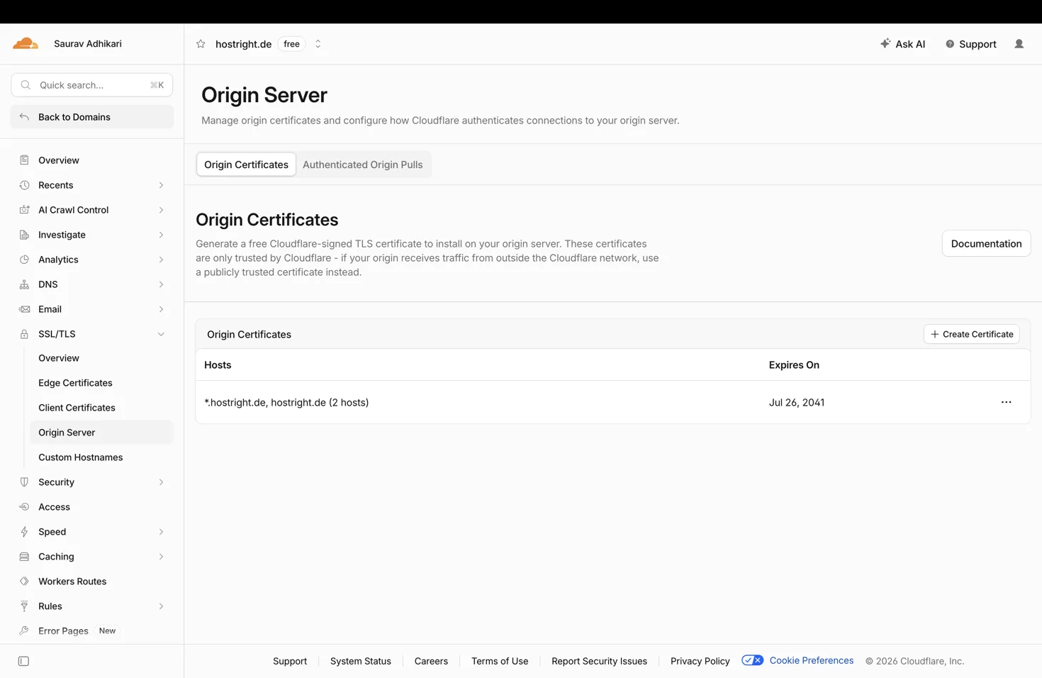 Issued Cloudflare Origin Certificate