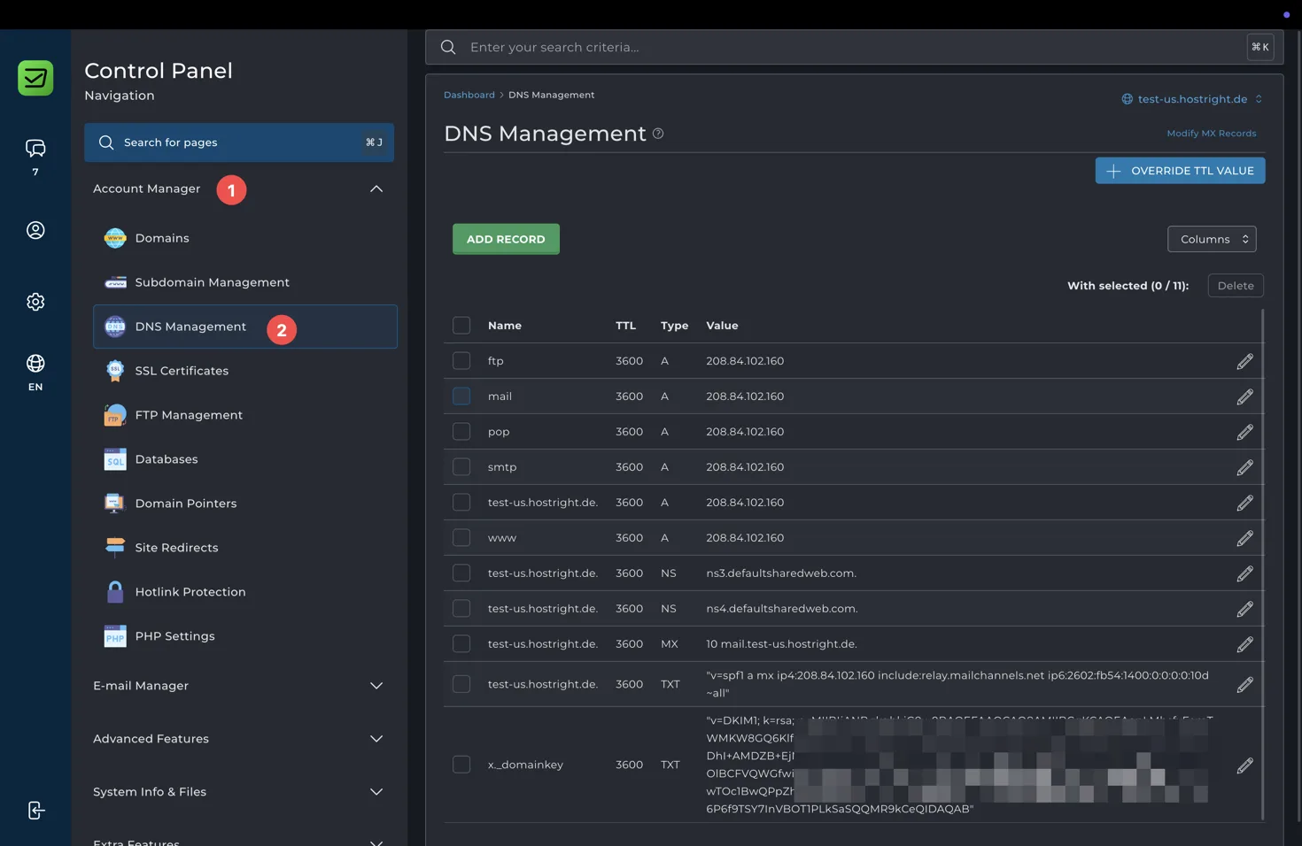 HostRight DNS Management record list