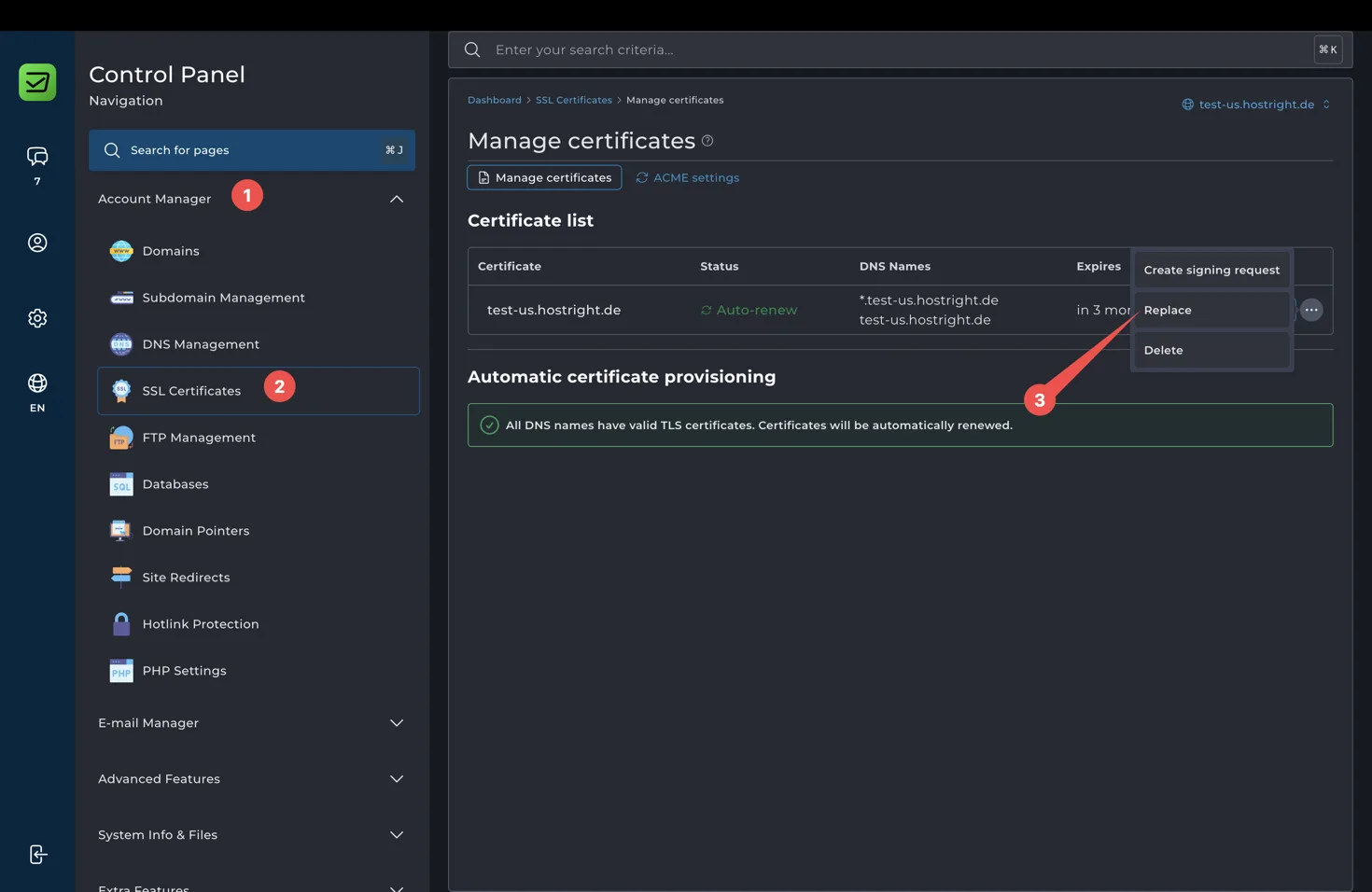 HostRight SSL certificate actions