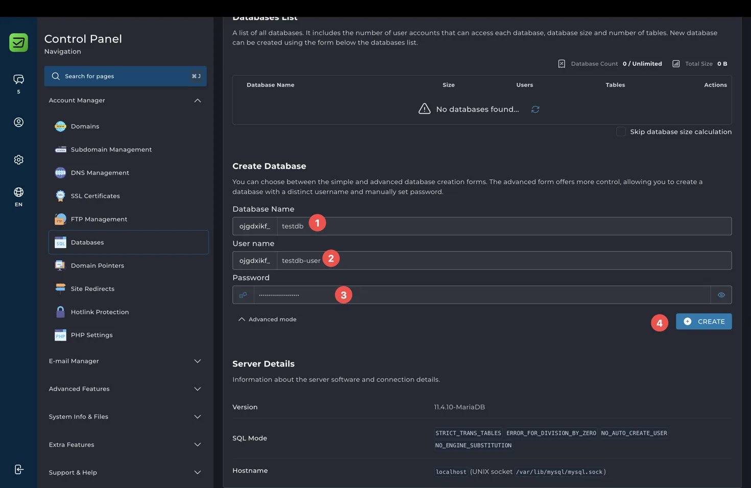 Open advanced database creation