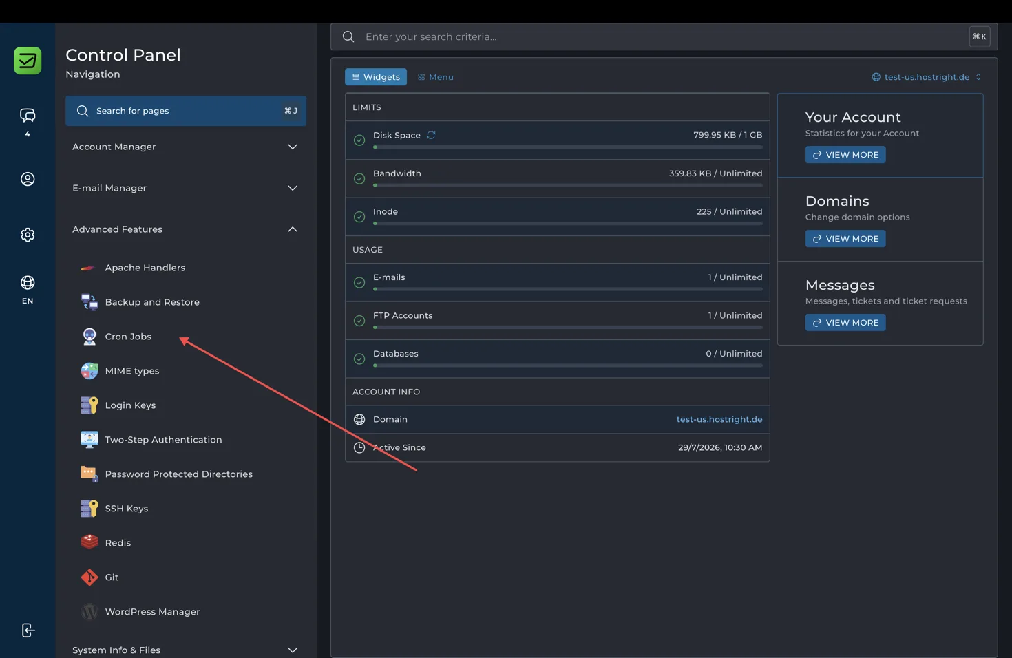 Open Cron Jobs from Advanced Features