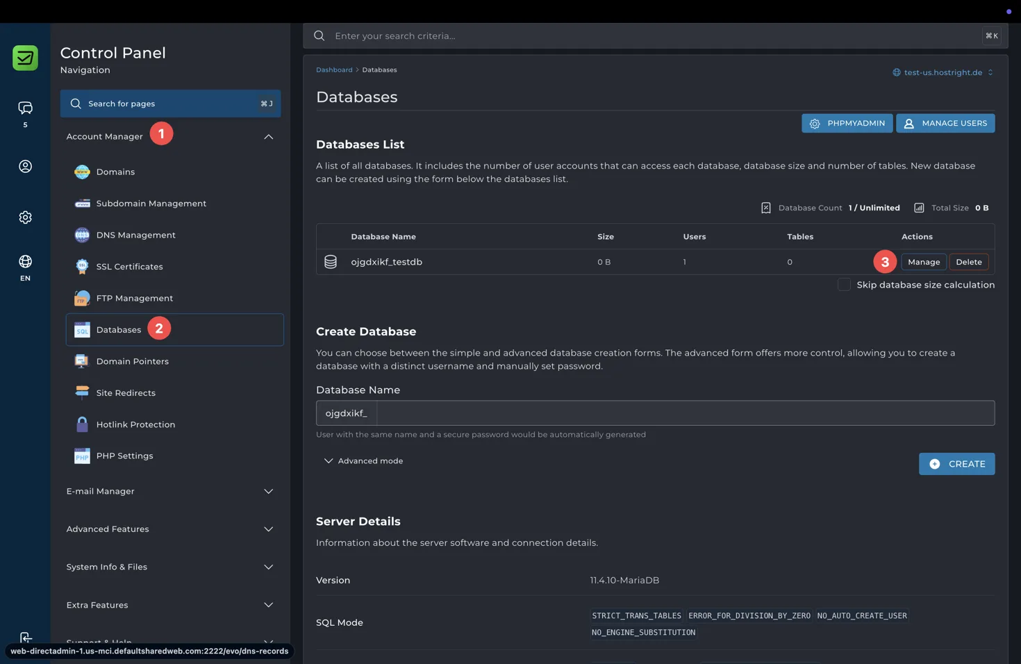 Created database in the database list