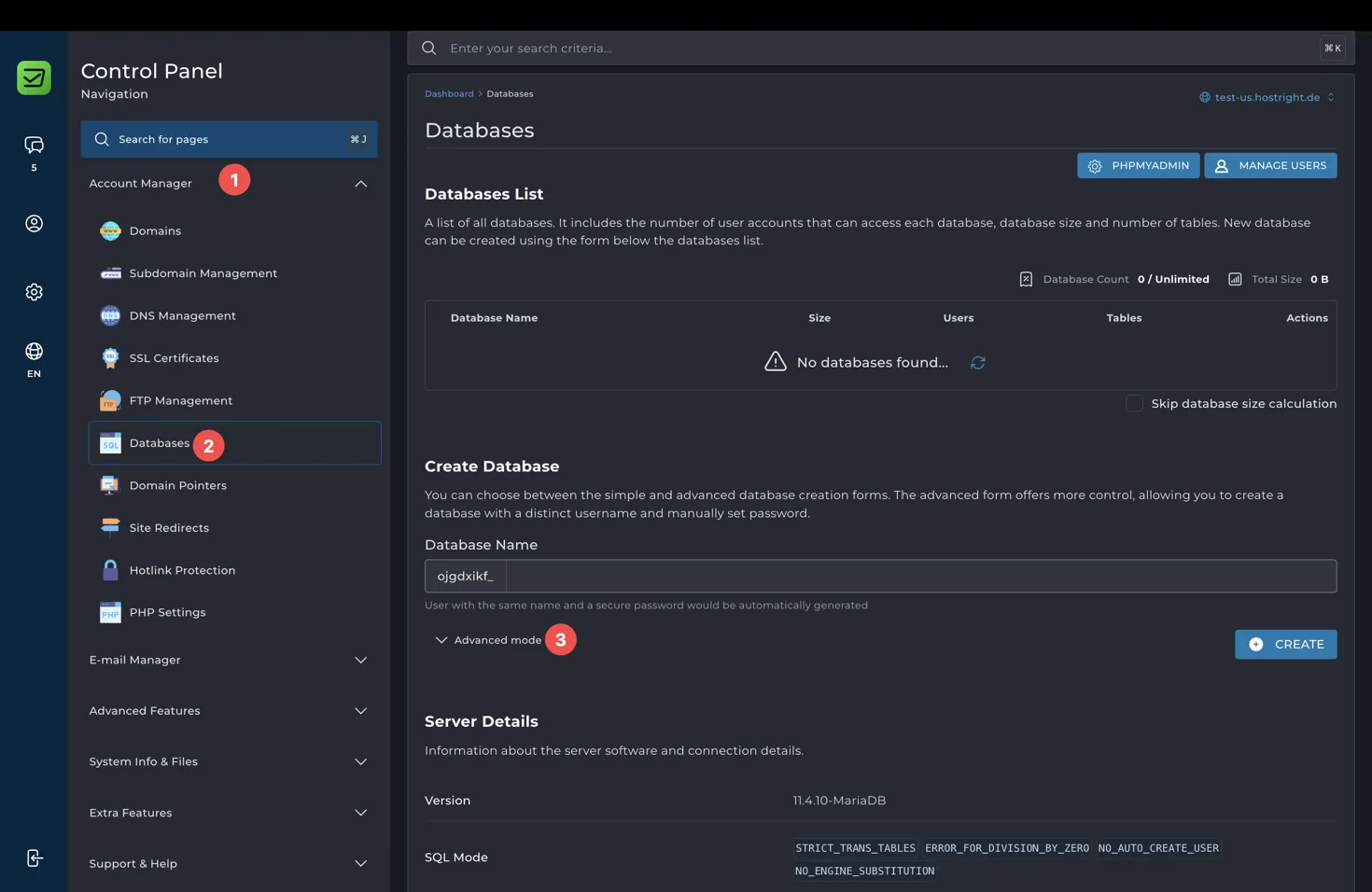 Open Databases in the Control Panel