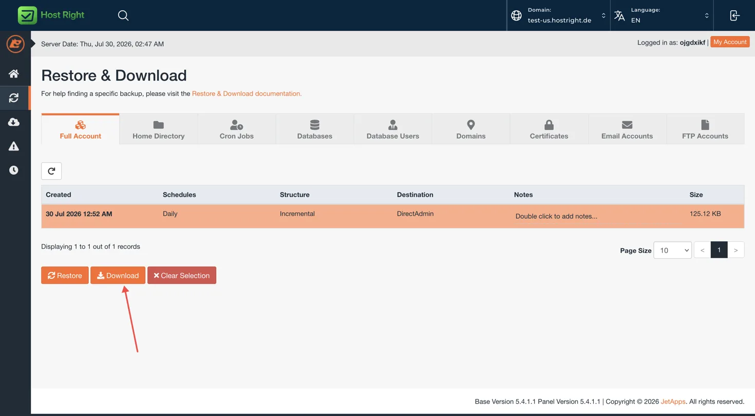 Download a backup from JetBackup