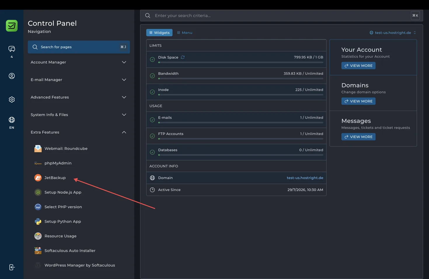 Open JetBackup from Extra Features