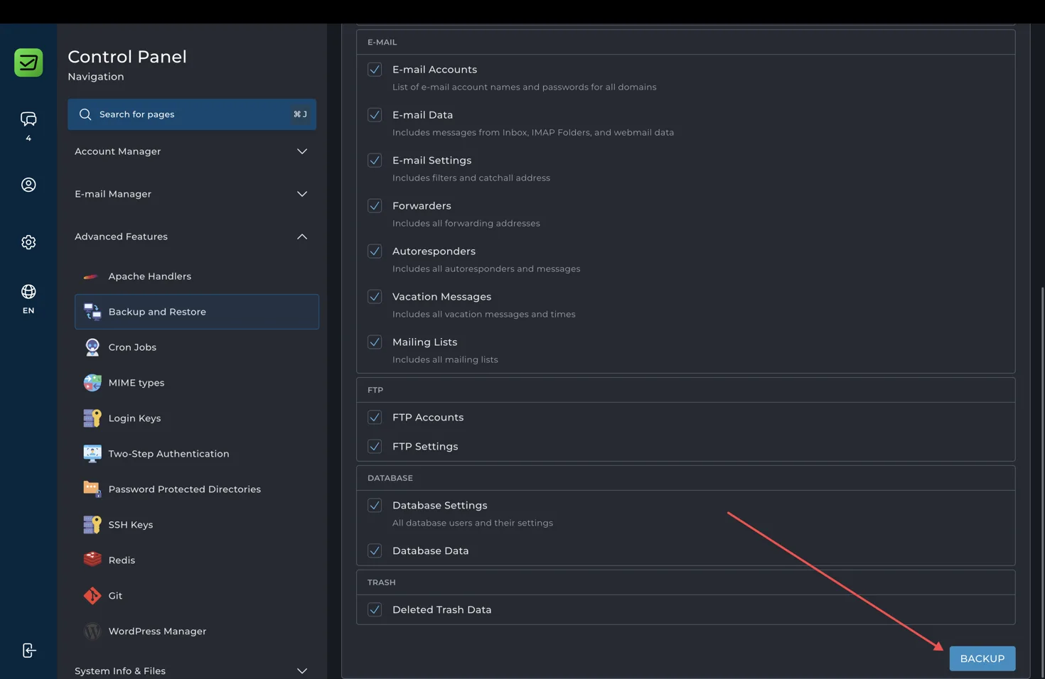 Select manual backup data