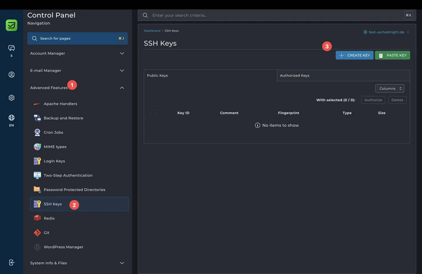 Open SSH Keys in the Control Panel